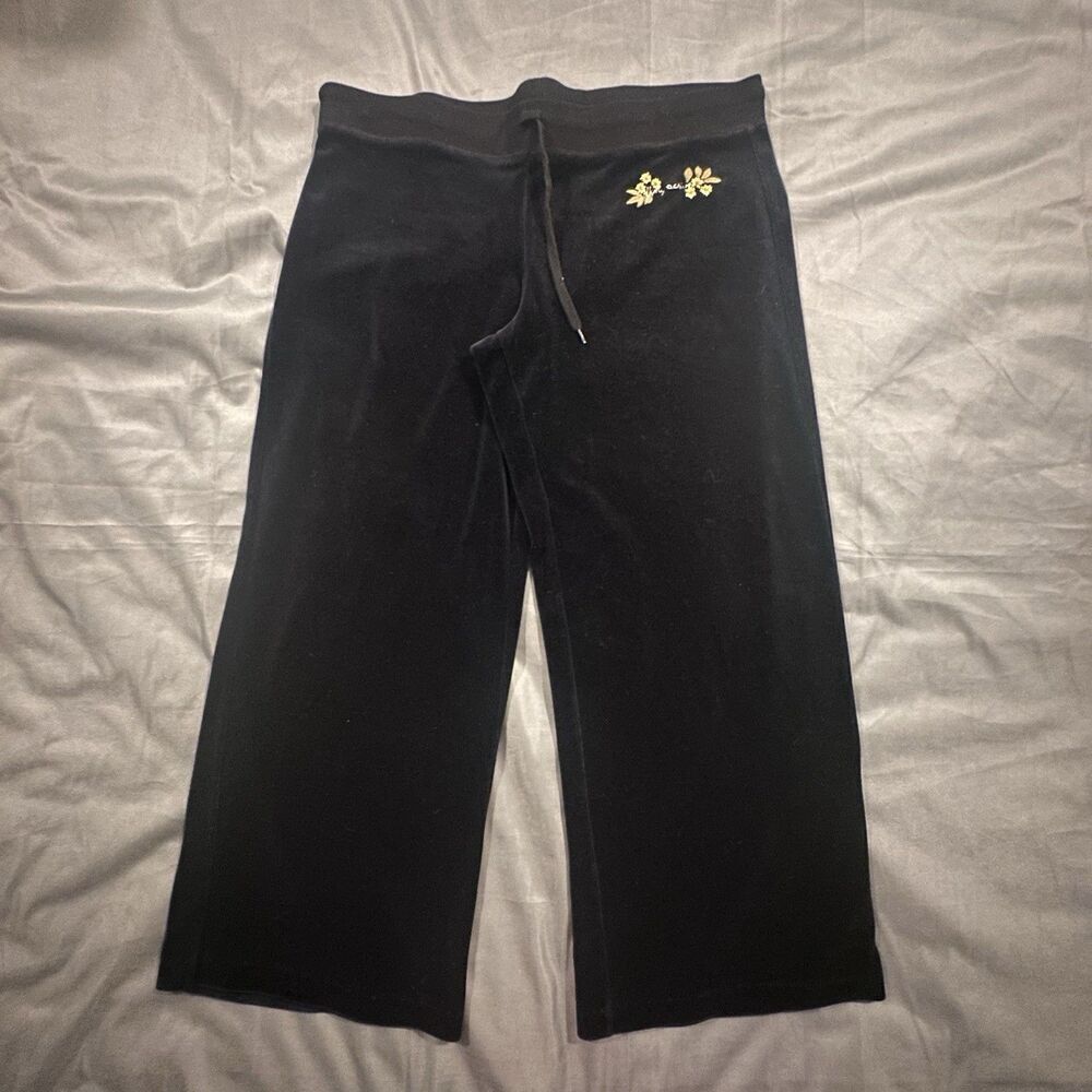 DKNY Active Pants Womens XL Velour Black Baggy Wide Leg Relaxed Embroidery Y2K